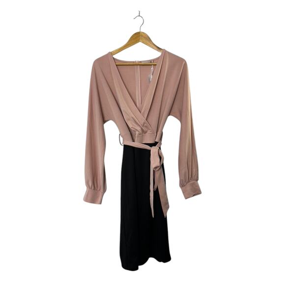 Grace Karin Pink & Black Classic V-Neckline Long Sleeve Form Fitting Wrap Dress - Picture 3 of 12